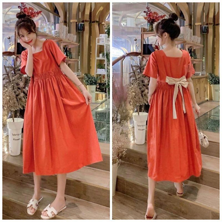 Đầm bầu babydoll thắt nơ lưng xinh xắn, Váy bầu cho mẹ mặc trước và sau sinh