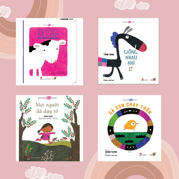 Ehon - Phát triển sáng tạo - Combo "Cùng Gomi Taro kích thích tư duy của Bé".- cho bé 3-6 tuổi. Bao gồm: Mọi người đã dạy tớ, Giống nhau nhỉ, Mùa Xuân của Bê con, Gà con chạy trốn.