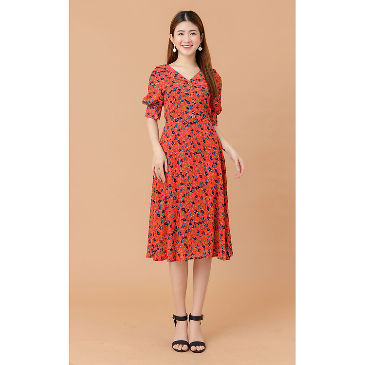 Đầm xòe hoa công sở 2212 màu đỏ GUCO