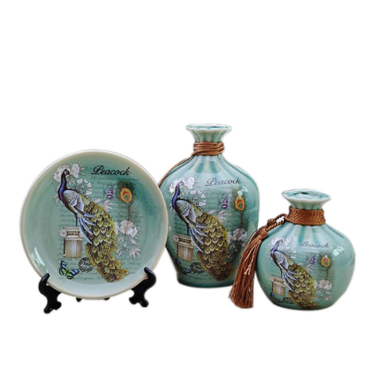 Bộ lục bình tranh đĩa chim Khổng Tước gốm sứ 17cm