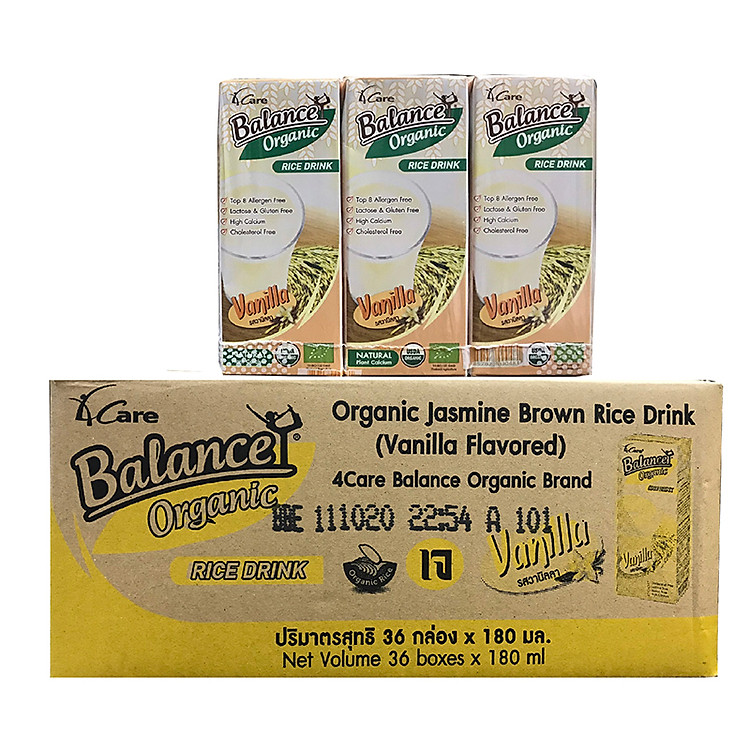Thùng 36 hộp sữa gạo hữu cơ giàu canxi vị vani 4CARE BALANCE ORGANIC (180ml/hộp)