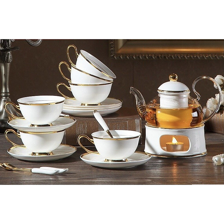 BỘ BÌNH TRÀ KÈM ĐẾ CHÂM NẾN, 6 ĐĨA,6 CỐC,6 THÌA SỨ CAMELIA CAO CẤP SANG TRỌNG - ANTH462