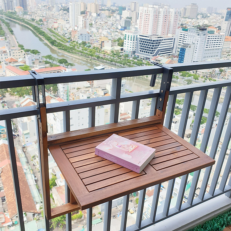 Bàn treo ban công gấp gọn, bàn ghế ban công bằng gỗ tràm chuyên dùng ngoài trời có thể gấp gọn và tùy chỉnh độ cao, KT 60 x 40 cm - Kute Nest