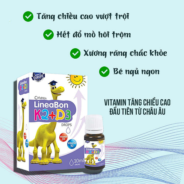 Vitamin k2 d3 hỗ trợ tăng chiều cao, hết còi xương cho trẻ sơ sinh - LINEABON K2D3 - Sản phẩm từ Châu Âu - Công nghệ mới giúp hấp thu tối đa canxi tự nhiên