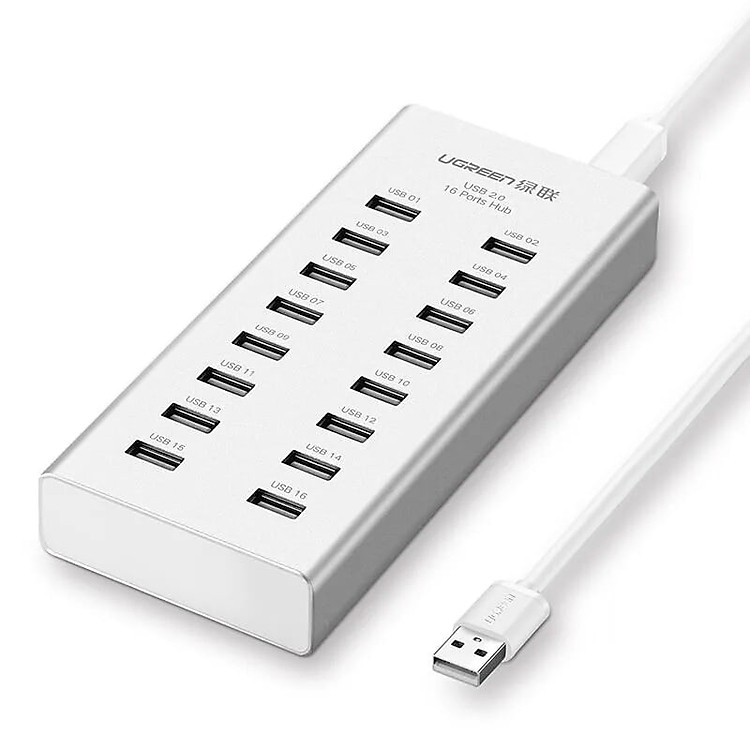 Bộ chia Hub USB 2.0*16 Port Hỗ trợ cổng nguồn 12V-4A màu Bạc UGREEN UHU20298 Hàng chính hãng