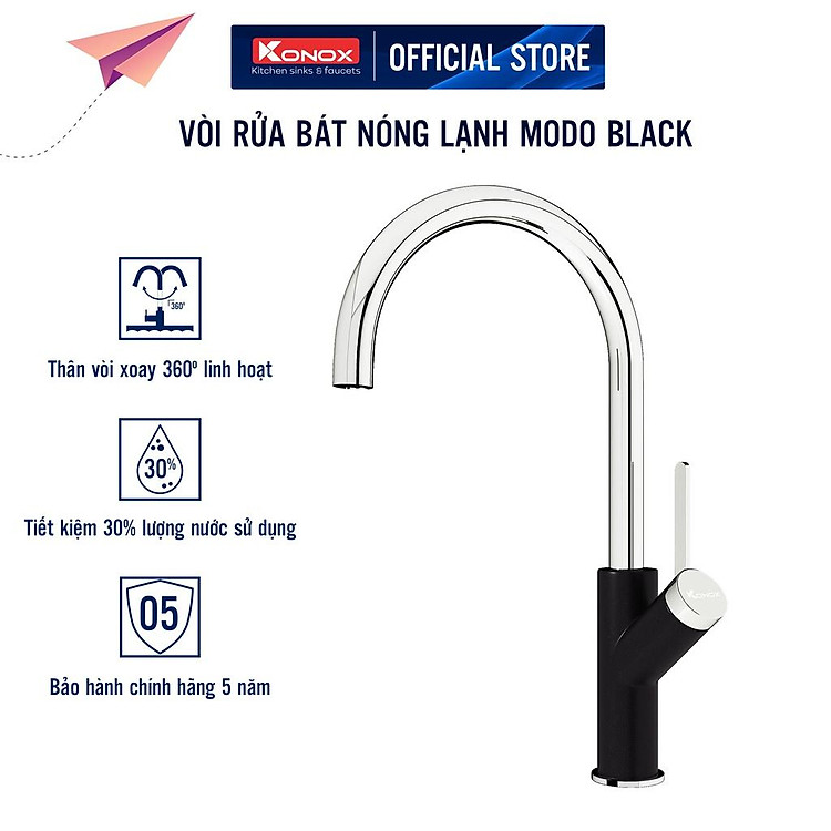 Vòi rửa bát nóng lạnh KONOX Modo Black, bề mặt xử lý mạ PVD vân đá, lõi hợp kim đồng 61% tiêu chuẩn Châu Âu CW617N