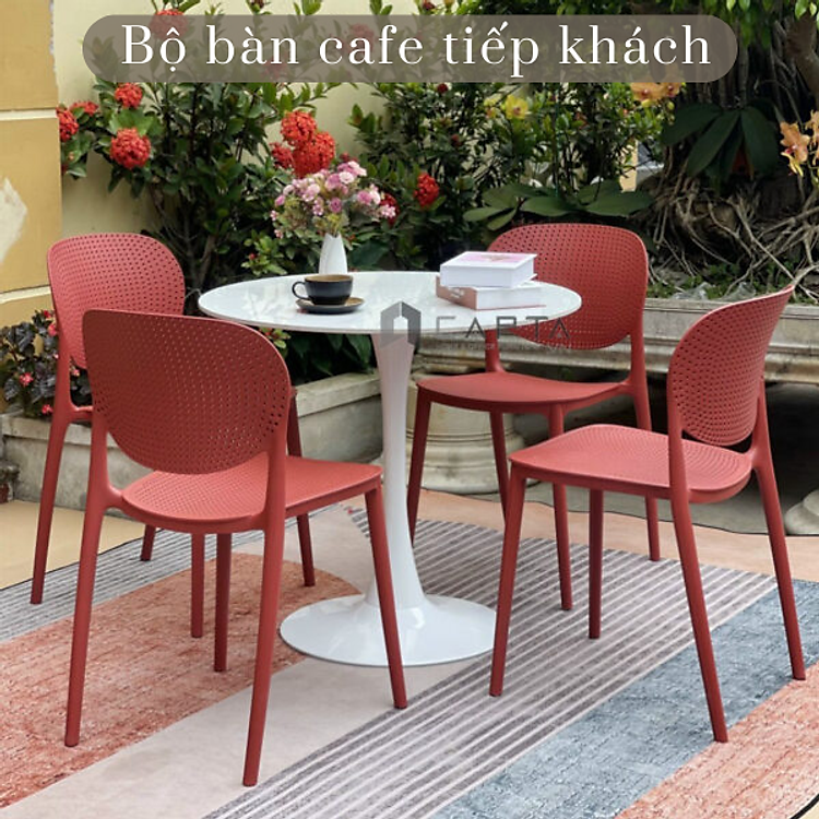 Bộ bàn cafe tiếp khách văn phòng Bộ bàn ăn tròn mặt đá 4 ghế nhựa xếp chồng nhỏ gọn SL TULIP 2-08E3 / CAT