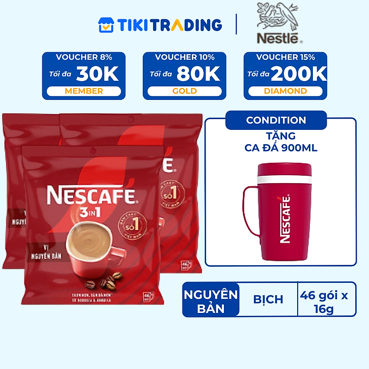 [Tặng Ca Đá 900ML] Combo 3 Bịch NESCAFE 3IN1 Công thức cải tiến - VỊ NGUYÊN BẢN Bịch 46 gói