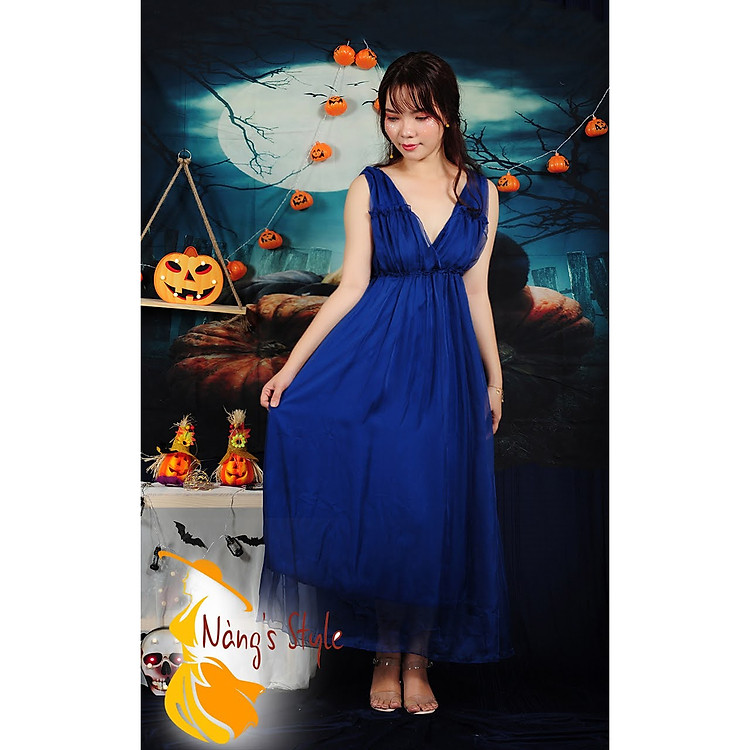 ĐẦM MAXI XANH CỔ V KHÔNG TAY