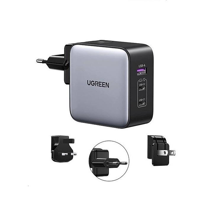 Ugreen 90409 65W Bộ sạc nhanh Nexode GaN 2 cổng USB Type-C + USB-A Màu Đen kèm 3 chuẩn cắm US EU UK cd296 - Hàng chính hãng