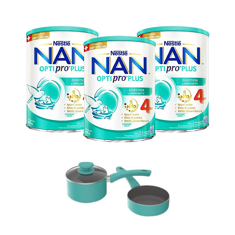 Bộ 3 lon Sữa bột NAN OPTIPRO PLUS 4 Nestle Bé 2-6 tuổi 800g/lon Giúp tiêu hóa tốt