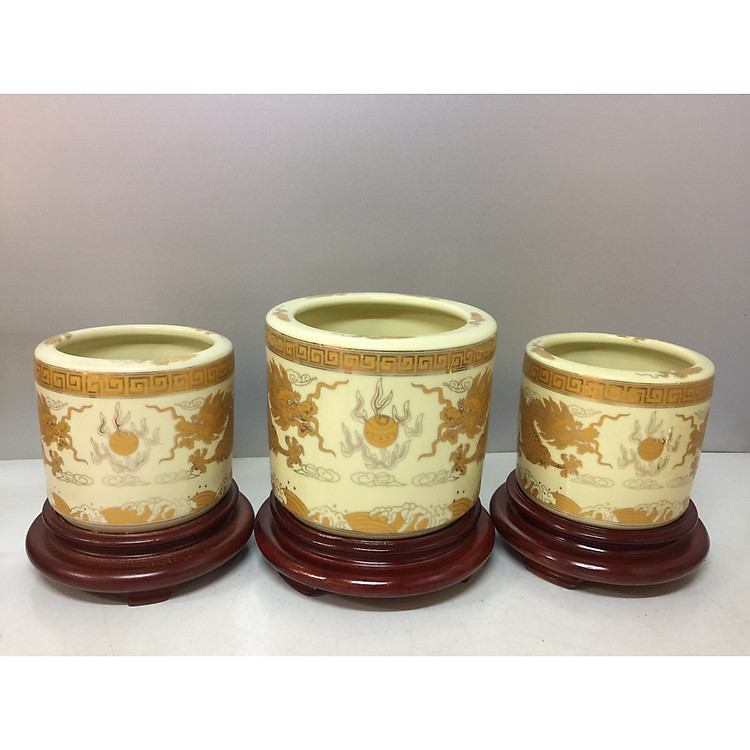 Bát hương thờ ( gốm sứ bát tràng cao cấp) comboo bộ 3 bát hương + đế gỗ (tặng tro đủ 3 bát hương)