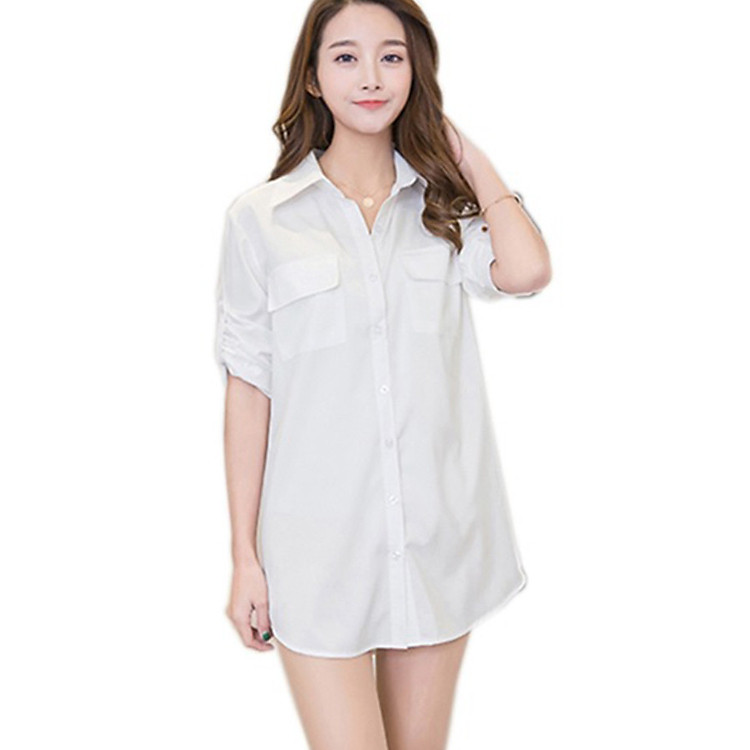 Áo sơ mi nữ dáng dài túi ngực (Trắng)
