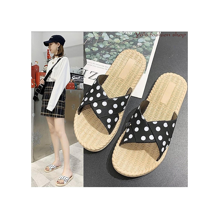 CS3_Dép nữ thời trang quai chéo chấm bi đế giả cói siêu mềm êm chân