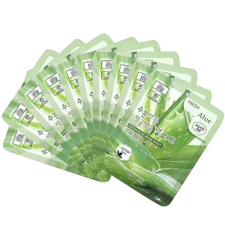 Bộ 10 gói mặt nạ dưỡng ẩm da và chống lão hóa chiết xuất nha đam 3W Clinic Fresh Aloe Mask Sheet 23ml X 10 - Hàn Quốc Chính Hãng