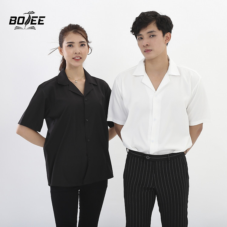 Áo sơ mi TAY NGẮN cổ VEST Trơn form rộng unisex nam nữ kiểu hàn quốc BASIC hai màu đen trắng chất lụa cao cấp hàng hiệu