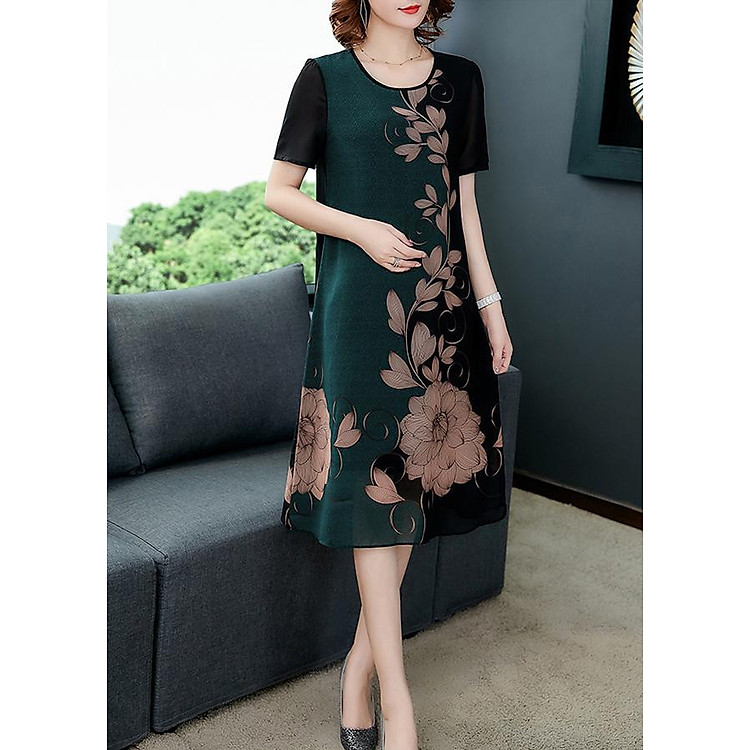 Đầm Suông Voan Nữ Đẹp In Họa Tiết Liên Hoa Kiểu Đầm Suông Thời Trang Trung Niên Cho Người Mập Từ 53-78Kg SHOPPRO 3226