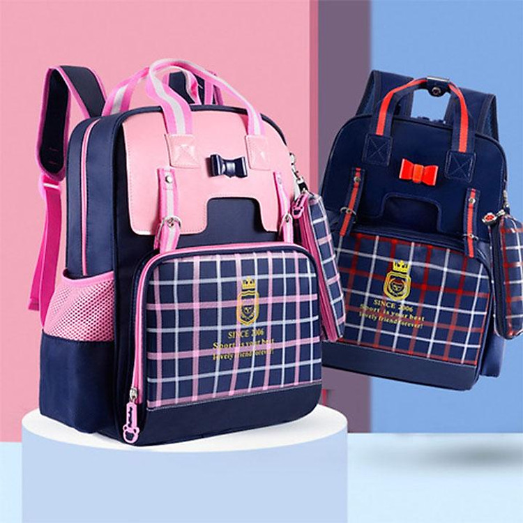 Cặp học sinh, balo chống gù có phản quang vải chống nước cao cấp - Tặng hộp bút và bộ đồ dùng học tập