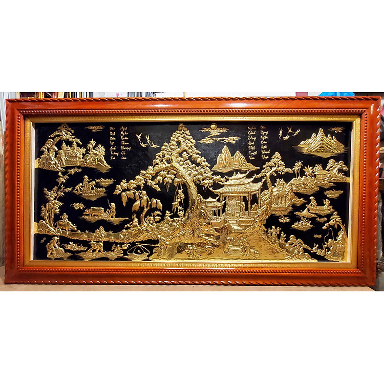 Tranh đồng vàng liền tấm khung gỗ tự nhiên -Làng quê thanh bình