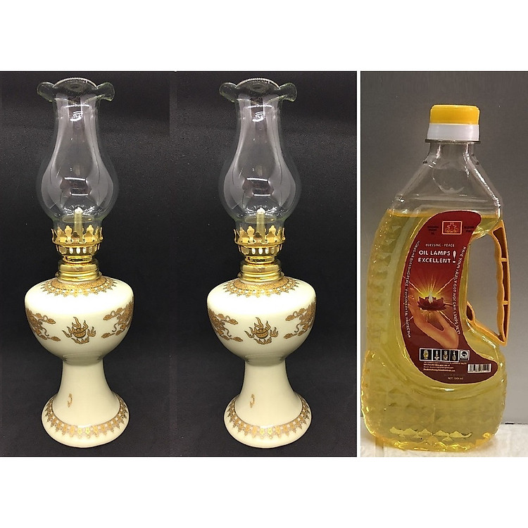 Cặp đèn thờ đốt dầu gốm sứ kèm chai dầu đốt đèn 500ml - AN13037