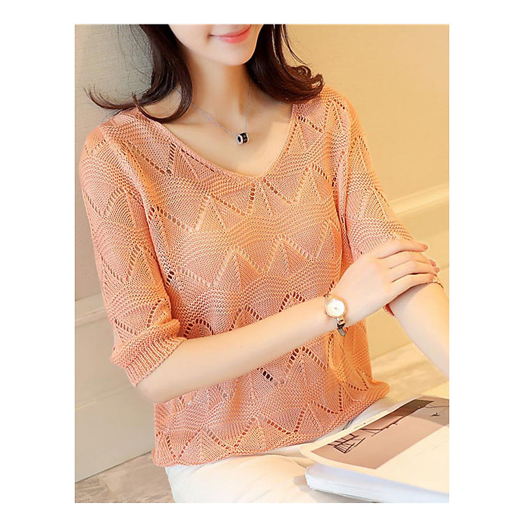 Áo len mỏng nữ cổ tim dệt quả trám ALen02