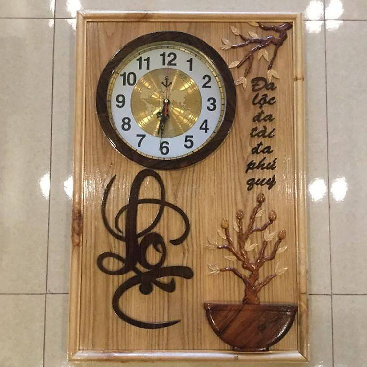 Tranh đồng hồ gỗ sồi chữ lộc