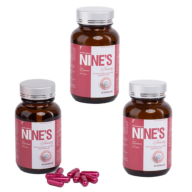 Combo 3 Hộp Viên Uống Trắng Da Nine's Beauty Giúp Trắng Da Mờ Nám Tàn Nhang chống lão hóa giảm nếp nhăn điều hòa nội tiết tố Công Nghệ Nano Glutathione, Collagen, Nano Curcumin