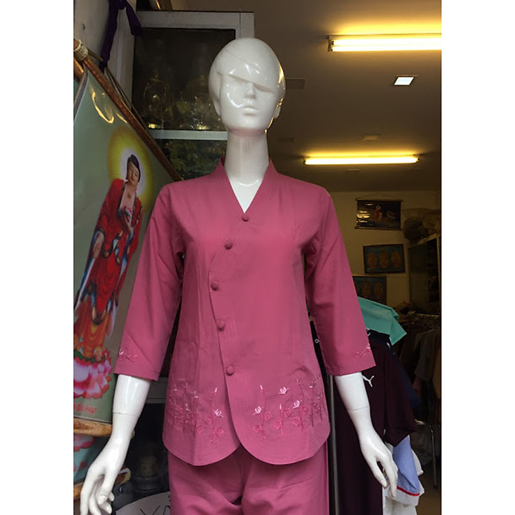 Áo Lam Đi Chùa - Vạt Chéo Thêu Gấu Màu Hồng Đậm