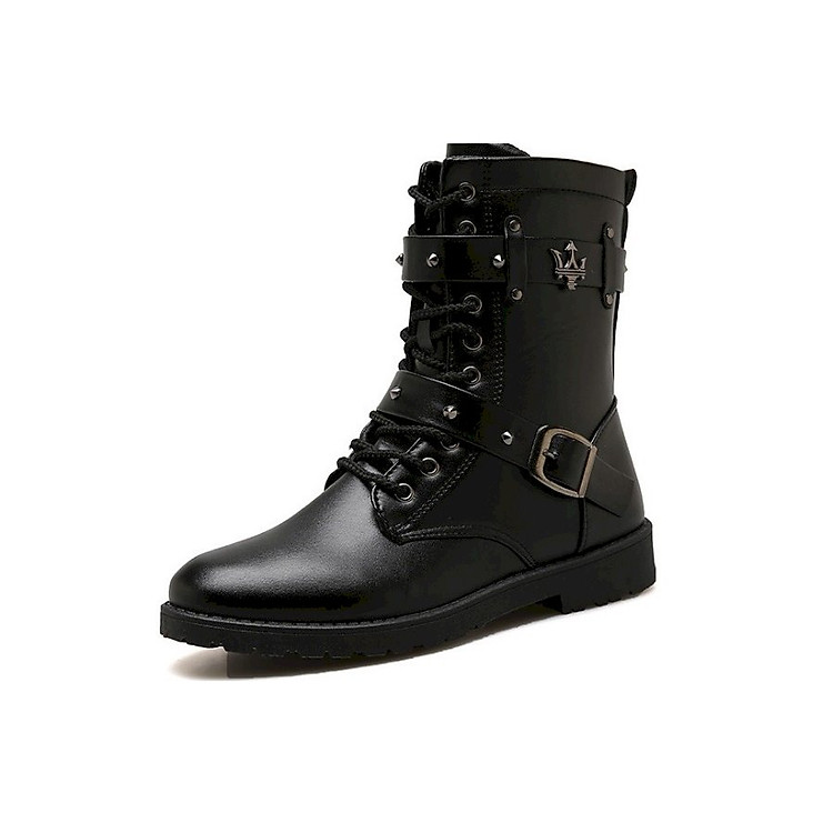 Giày nam combat boot 2 vòng khóa nạm đinh SM002