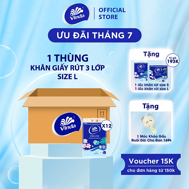 [MUA 1 THÙNG KHĂN RÚT SIZE L TẶNG 1 LỐC L + 1 LỐC S] Khăn giấy rút cao cấp Vinda Deluxe 3 lớp 110 tờ size L (4 Gói)