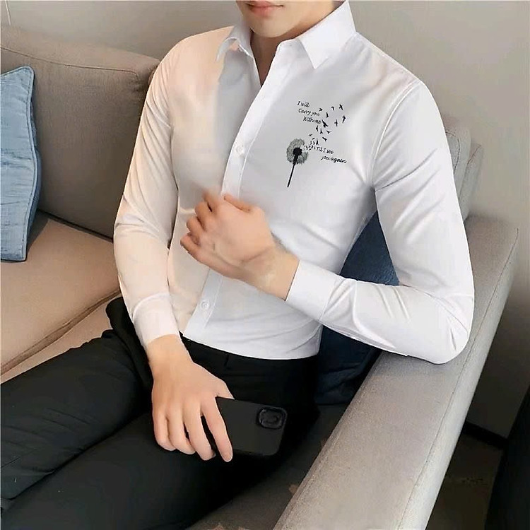 Áo sơ mi nam dài tay in Chữ Ký + Logo sang trọng, chất vải lụa mềm mịn thoáng mát