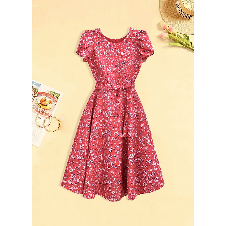 D75 Đầm xòe tay cánh hồng cột dây hoa nhí
