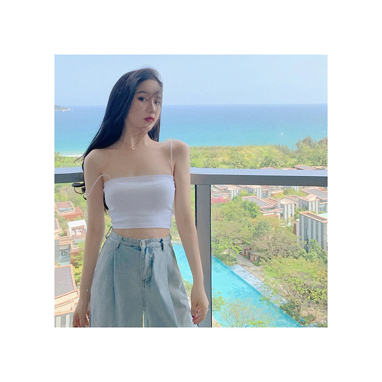Áo 2 Dây Croptop Ôm Body Tăm Chất Bozip, 3 màu tím/trắng/đen