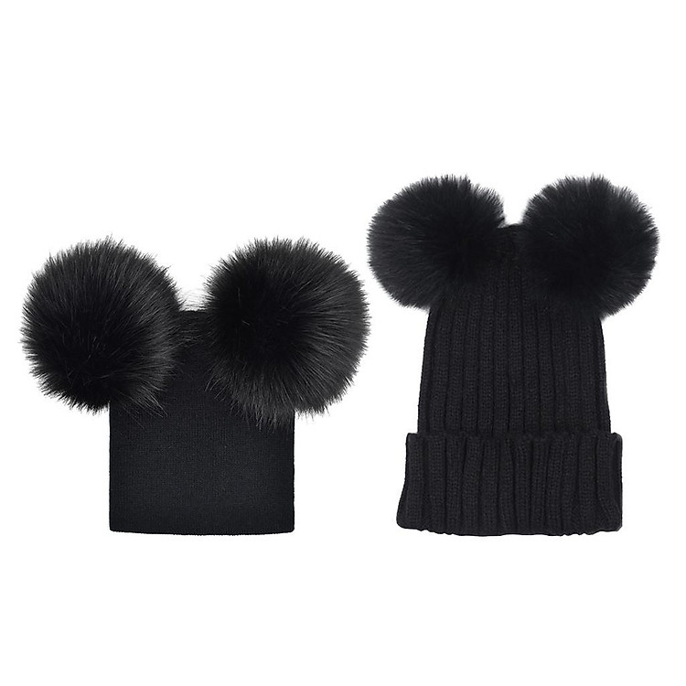 2x Baby Kids Mother Winter Hat Knitted Warm Double Fur Pompom Caps Beanies Black