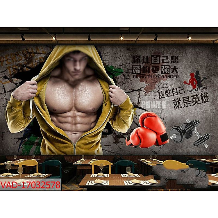 Tranh dán tường trang trí phòng gym GY03 chất liệu pp kim sa có sẵn keo