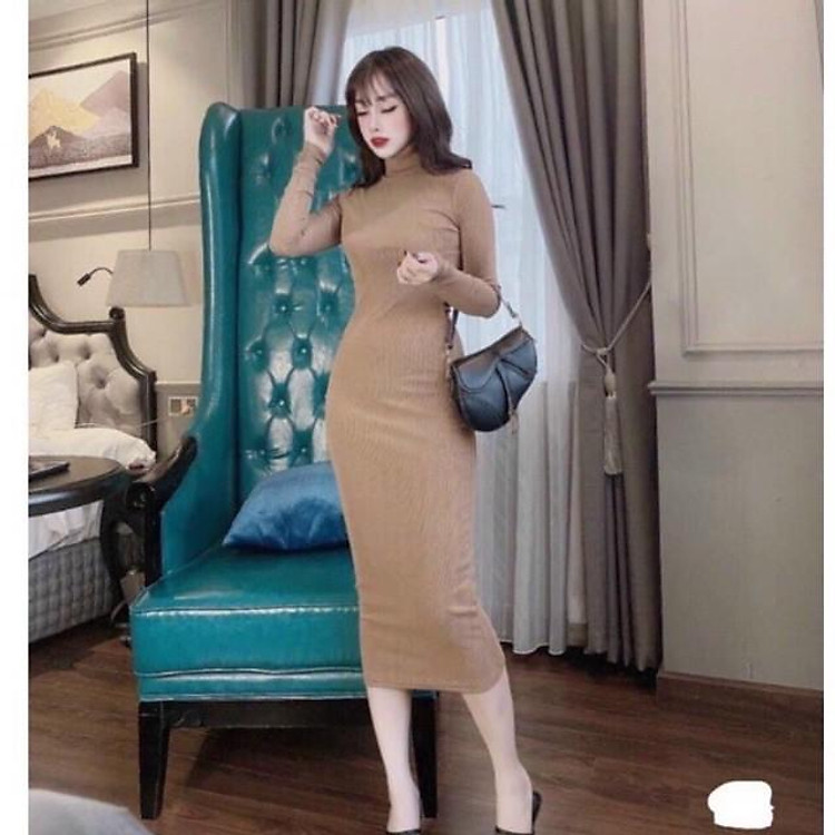 Váy len tăm body cổ lọ dáng dài qua gối