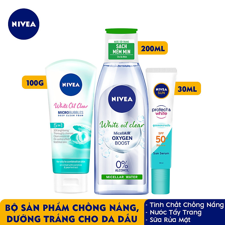 Bộ 3 Tinh Chất Chống Nắng NIVEA Dưỡng Trắng & Kiểm Soát Dầu SPF50+ PA+++ (30ml) - 86060 & Nước Tẩy Trang NIVEA White Oil Clear Kiểm Soát Nhờn Micellar Water (200ml) - 86609 & Sữa rửa mặt NIVEA White Oil Clear giúp trắng da sạch nhờn (100g) - 84951