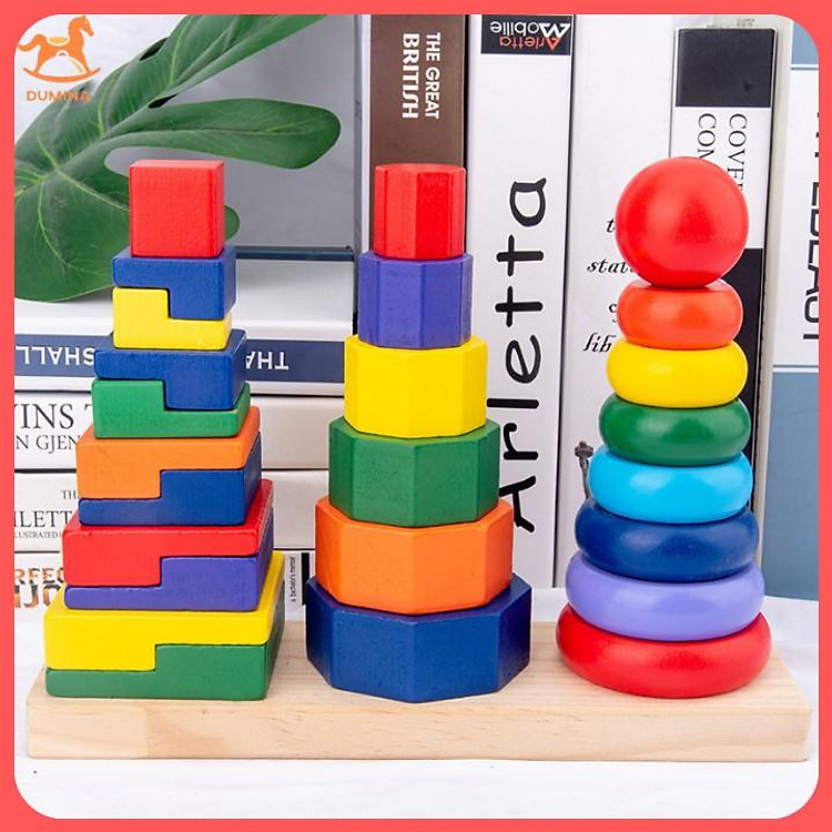Đồ chơi gỗ Xếp hình tháp cầu vồng 3 cọc cho bé phát triển tư duy logic