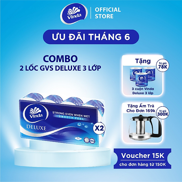 [MUA 2 LỐC GVS DELUXE TẶNG 3 CUỘN] Giấy vệ sinh cao cấp Vinda Deluxe 3 lớp (8 Cuộn)