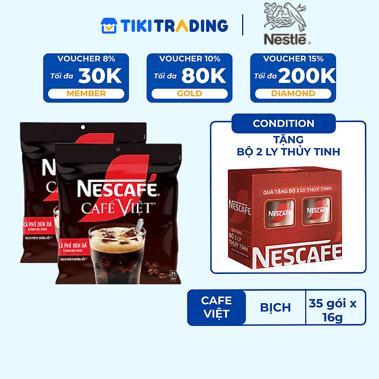 [Tặng bộ 2 ly thủy tinh] Combo 2 Bịch Cà phê đen hòa tan NESCAFE Café Việt (Túi 35 gói x 16g)