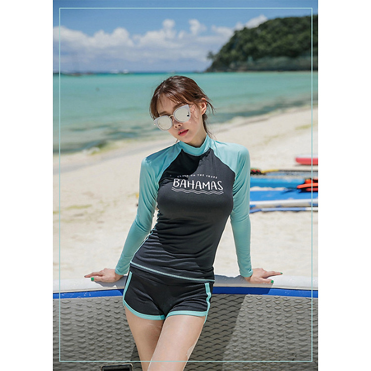 Đồ Bơi Tay Dài Nữ - Nữ Đen Phối Tay Xanh