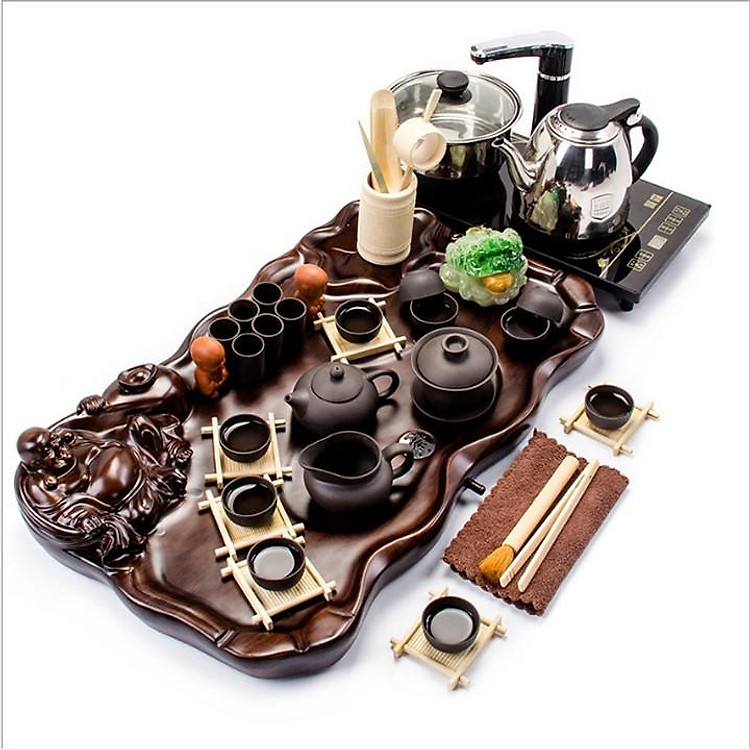 Bộ ấm trà đạo điện Phát Tài Phát Lộc chất liệu gỗ cao cấp nguyên khối(1 bộ như ảnh)
