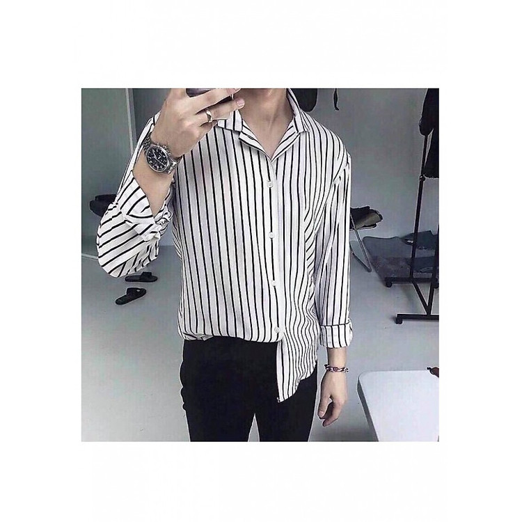 Áo sơ mi nam sọc trắng đen dài tay cổ vest