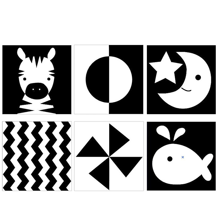 Bộ 6 thẻ dán tường KÍCH THÍCH THỊ GIÁC đen trắng mẫu mới, kích thước 18x18cm, giúp bé phát triển toàn diện