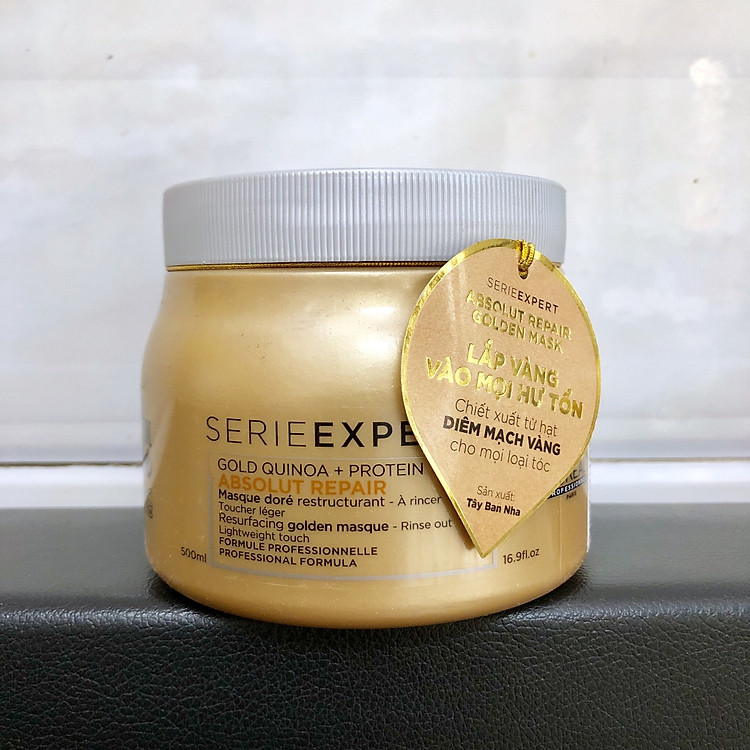 Dầu hấp ủ nhũ vàng phục hồi tóc hư tổn nặng L'ORÉAL Serie Expert Gold Quinoa + Protein Absolut Repair Golden Masque 500ml