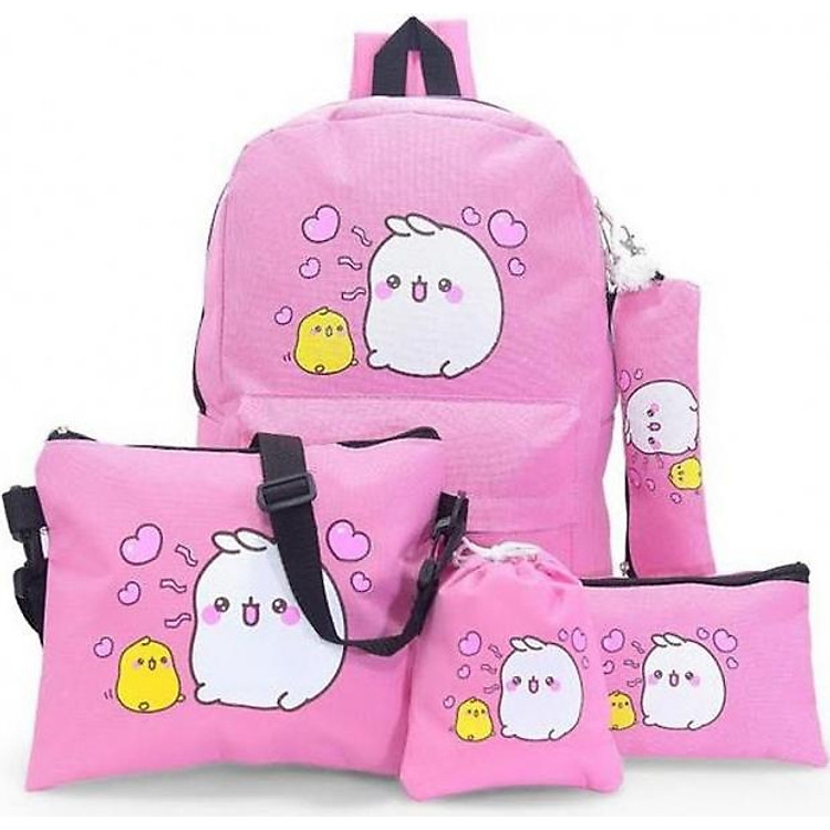 Bộ 5 món gồm balo đi học + túi đeo chéo nữ + ví nữ + hộp bút + ví rút (Hồng)