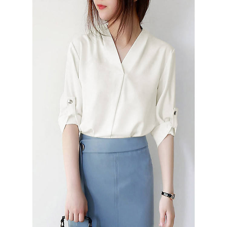 Áo sơ mi công sở kiểu áo sơ mi hàn quốc phối nút cổ đắp chéo ROMI 3084