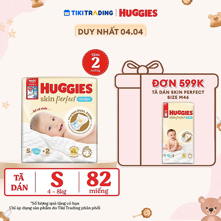 Tã/bỉm dán sơ sinh Huggies Skin Perfect S 80+2 miếng với 2 vùng thấm giảm kích ứng da