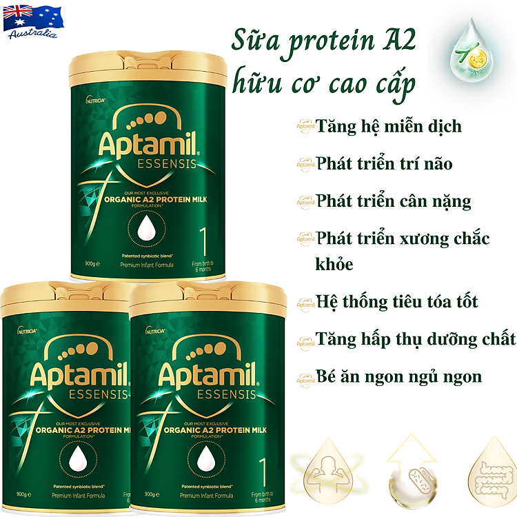 Sữa tăng chiều cao cho trẻ sơ sinh Aptamil Essensis Protein A2 Úc (Số 1)- Công thức Synbiotic độc quyền Giúp tăng cường hệ miễn dịch, hỗ trợ hệ tiêu hóa, Phát triển chiều cao, Cân nặng, trí tuệ và tăng sức đề kháng (900gx3hộp)