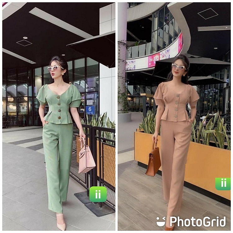 Set đồ bộ dạo phố, quần dài kem áo cổ kiều nữ, chất thun cát hàn dày dặn, size 45-65kg